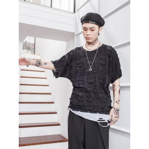 Dark summer personality hole alternative perspective mesh loose short sleeve T-shirt trendy mens ins bottom coat shirt