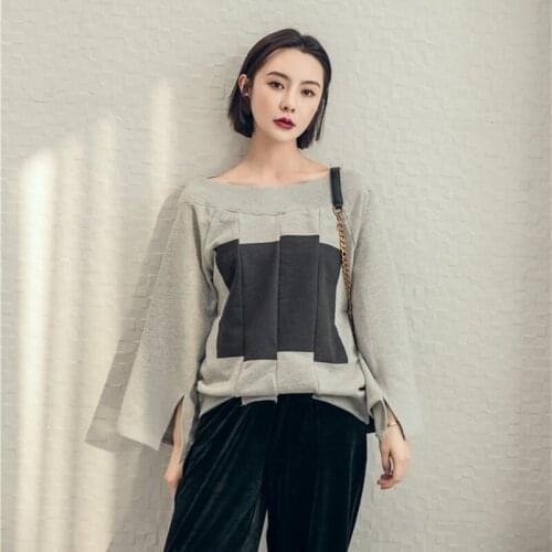 Retro Slash Neck Flare Sleeve Sweatshirts Women Hoodies Vintage Slit Hit Patchwork Cotton Pullovers Loose Tops Female Sweatshirt