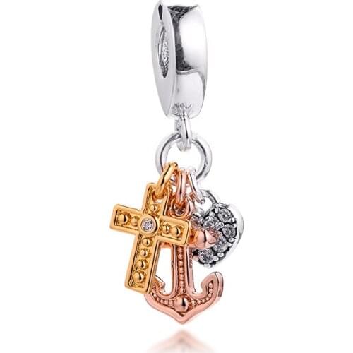 Triple Tone Cross Hear Free Shipping Jewelry 100% Real S925 Sterling Silver Beads Fashion Girl Pendant Women Cheap Charms