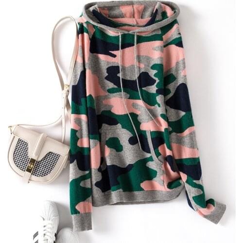 High quality autumn winter new styles 100% cashmere hooded sweater women fashion camouflage pattern soft pullovers