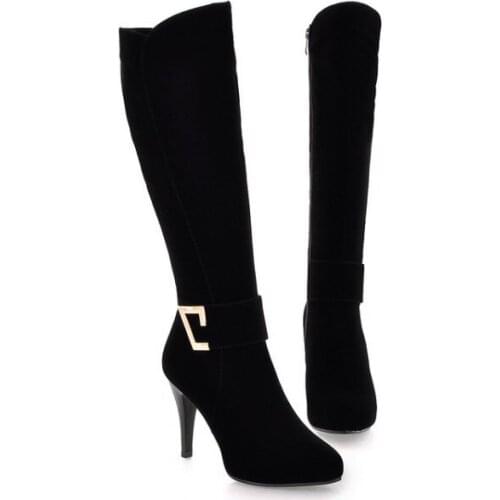 Womens Elegant Belt Buckle Pointed Toe Stiletto Heel Shoes Autumn And Winter Suede Cheap Black Heeled Knee High Knight Boots
