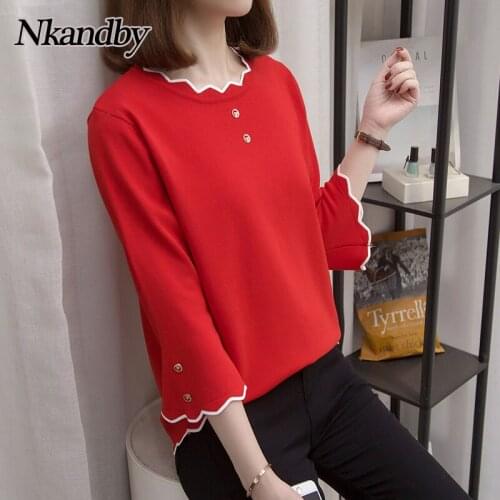 Plus Size Knitted Pullovers Sweaters Women Autumn Trendy Loose Three Quarter Sleeve Button Ladies Jumpers Oversize Chic Knitwear