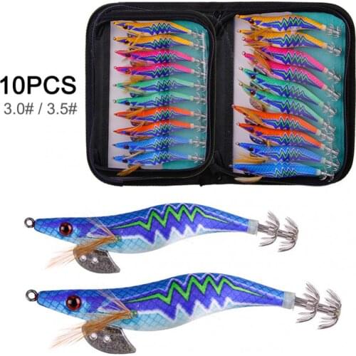 10 pcs Squid Bait Hook 3.0# 3.5# 15g 20g Wooden Shrimp Jig Fishing Lures Hooks Wood Artificial Luminous Jigging Lure with Bag