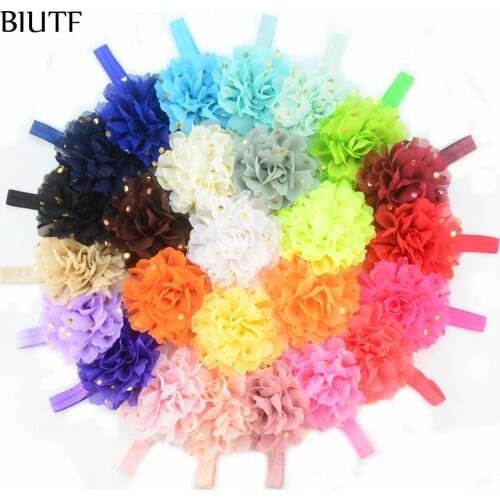 10pcs/lot Elastic Ribbon Headband with 10.0cm Gold Polka Dot Chiffon Flower Sustainable Girl Headwear Resourse FD229