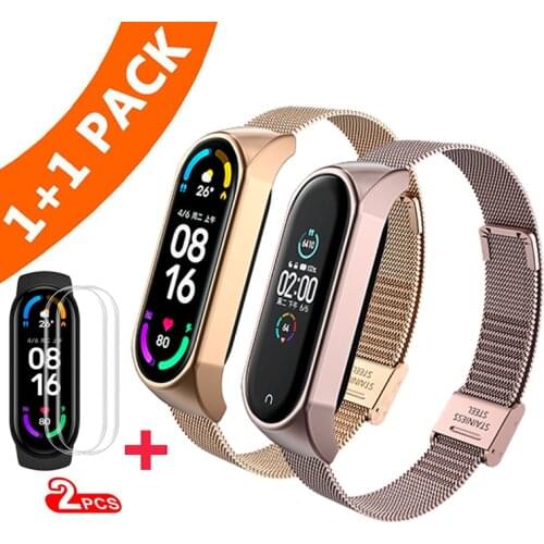 2Pack Strap for Xiaomi Mi Band 6 5 4 3 Metal Stainless Steel Bracelet for Mi Band 3 4 5 6 Wristband screen protector Accessories