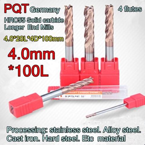 4.0*20L*4D*100mm 4mm petiole 4 flutes 2pcs 5pcs 10pcs German PQT HRC55 Solid carbide longer End Mills Free shipping