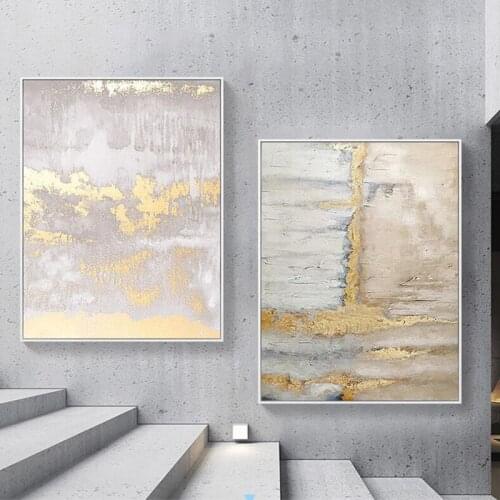 Abstract Print White Light Gold Canvas Painting Minimalist Style Wall Art Pictures for Living Room Bedroom Aisle Studio