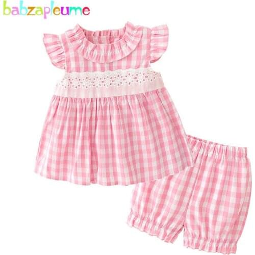 Babzapleume Summer Two Piece Clothes For Baby Girls Outfits Cute Plaid T-shirt+Shorts Kids Costume Children Clothing Sets BC1140