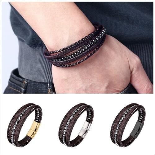New 4MM Hematite Natural Stone Men Bracelet Multi-layer Handmade Weaved Leather Stainless Steel Bangle Male Jewelry Gifts