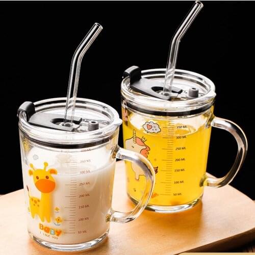 Sealed Milk Cup for Baby , with Lid and Straw , Graduated Water Cup , Breakfast Cup , 350ml Glass Measuring Cup