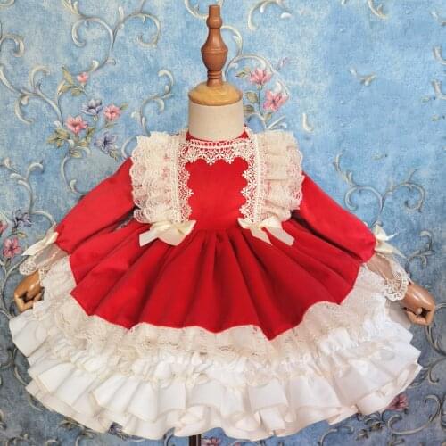 Baby girl vinatge Spanish England lolita dress kids red velvet lace stitching birthday party ball gown princess dress