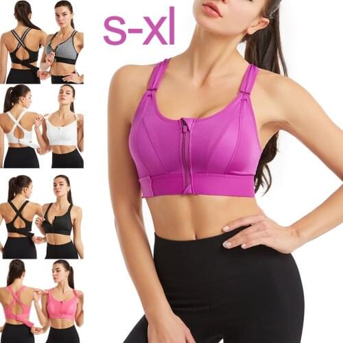 Women Sports Bra Crop Top Zip Front Push Up Underwear Crisscross Back Detachable Pads Athletic Vest Workout Running Fitness Bra