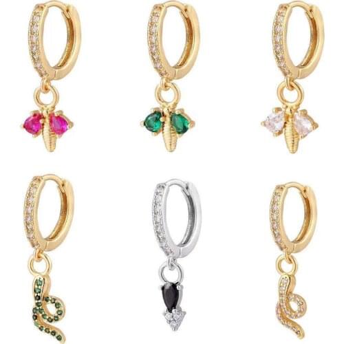 HECHENG,1pc, Huggie Hoop Earrings for women,Rainbow Black Crystal Zircon ,snake bee Hanging Prevent Allergy Earrings