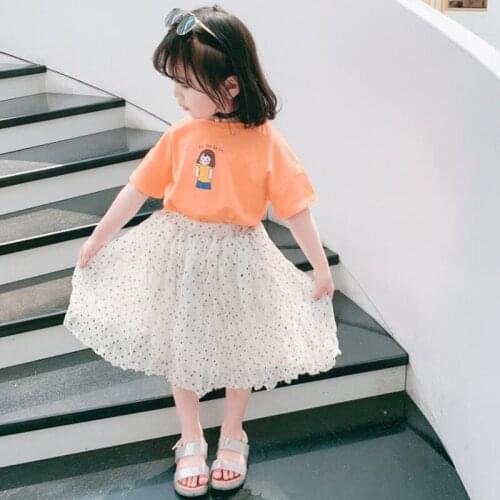 DFXD New Summer Toddler Girl Skirt Set Korean Style 2PC Outfit Set Cotton Short Sleeve Print T-shirt Dot Pleated Skirt For 2-7T