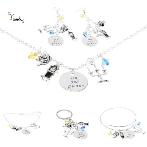 Beauty and the Beast Jewelry set be our guest quote with flower coffee cup candlestick charm Necklace Bangle Keyring Ankle