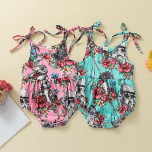 Summer Baby Cute Robot Floral Print Bodysuit Girls Sleeveless O-neck Short Sling Romper Jumpsuit