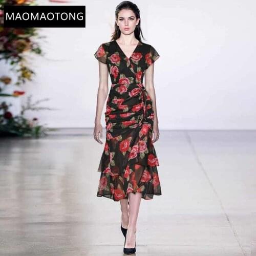 Fashion Designer Dress Summer Womens Dress V Neck Cascading Ruffle Ruched Rose Floral Print Package Hip Dresses