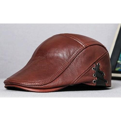 ManS Real Leather Beret Caps Winter Autumn New Male Cowhide Visors Hats Cap Fashion Bandage Casquette Flat Hat For Men