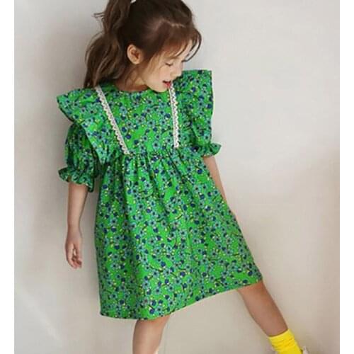 New Summer Light Dresses 2021 Children Dresses Green Floral Dress Kid Clothes Girl Clothing Baby Dress