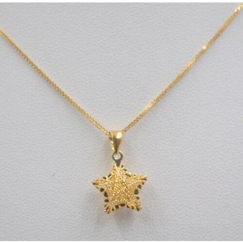 Solid 18k Yellow Gold Hollow Star Pendant / Pure 18k Yellow Gold Wheat Foxtail Chain Necklace 18"L Gift For Women