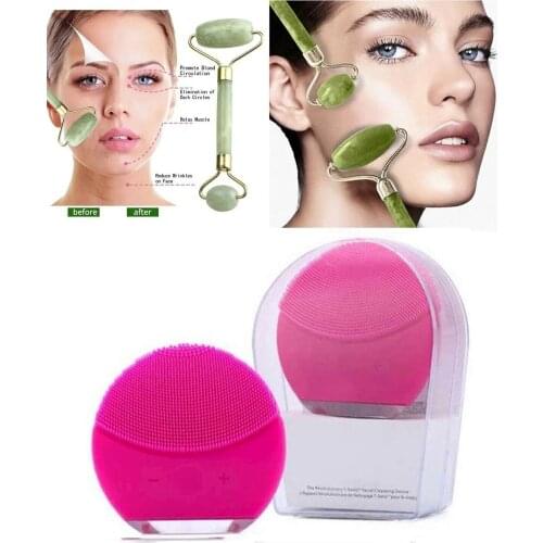 Forever Rechargeable Fuchsia Facial Cleaning Device + Jade Roller 2'li Jade Stone Massage Tool YMM9900000313463