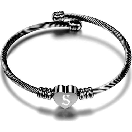 Simple Stainless Steel Black Cable Wire Bangles Color 26 Letters A-Z Titanium Steel Heart Women Bracelet Accessories