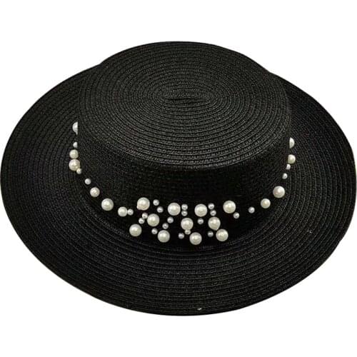 Hat Womens Summer Straw Sun Hat British Fashion Womens Pearl Flat Cover Panama Beach Hat