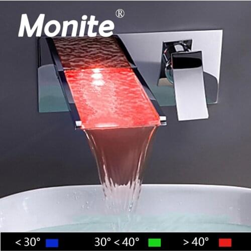 Monite Bathroom Faucet LED Color Changing Bathroom Basin Sink Faucet Wall Mount Chrome Brass Mixer Tap Waterfall Faucet