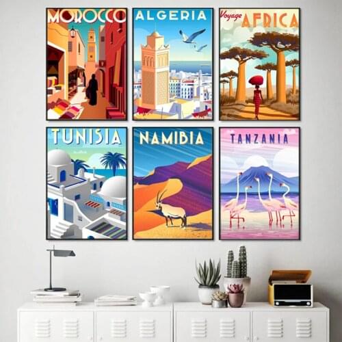 Tanzania Tunisia Travel Poster Landscape Modular HD Prints Modern Anime Style Picture Canvas Painting for Living Room Decoration