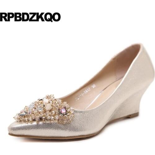 Size 33 Medium Pointed Toe Glitter High Heels Shoes Wedge Diamond Wedding Pumps Crystal Rhinestone Golden Silver Metal Spring
