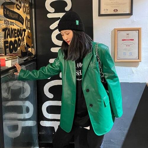 Spring Autumn Green Faux Pu Leather Blazers Women Loose Mid-length Notched Collar Long-sleeve Suit Jacket Female Korean Fashion