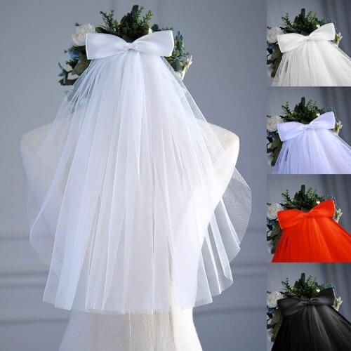 Women Tulle Wedding Dress Veils White Ribbon Edge Bow with Hair Clip Short Bridal Hair Veil Bride Marriage Party Accessories