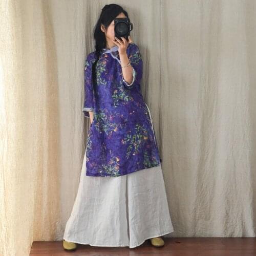 Women Loose Printed Linen Blouse Tops Ladies Print Long Shirt Female 2021 Retro Print Chinese Style Blouse Summer Autumn