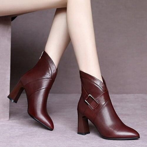 Women Boots Soft Genuine Leather Thick High-heeled Shoes Winter Soft Leather Ponited Height Increasing Black Brown