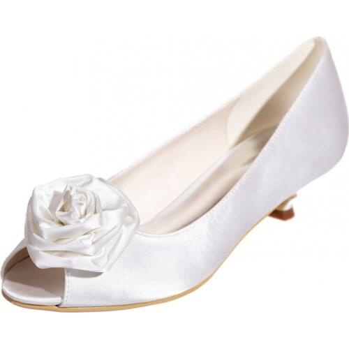Shallow 3D Flower Women Pumps Satin Designer Peep Toe Low Heeled Sole Shoes Plus Size White Black Red Wedding Bride Heel Zapatos
