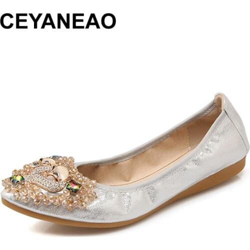 CEYANEAO Spring Summer Fashion Women Shoes Boat Shoes Women Flats Pointed Toe Sequined Cloth Casual shoes Plus Size 34-45E1541