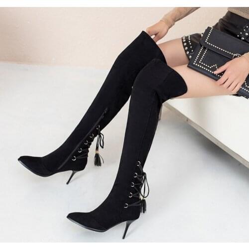 OLOMLB Womens Pointy Toe Suede Leather Over The Knee Boots Stilettos Tassels High Heel Lace Up Long Shoes Sexy Plus Size Black