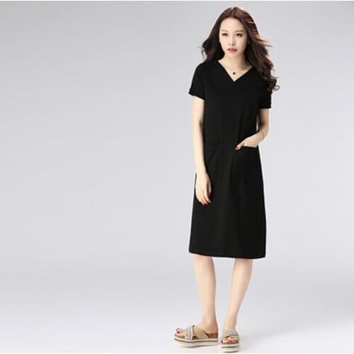 Europe The United States Simple Summer New Large Size Womens Dress Loose V-neck Short Sleeve Was Thin Mid-length Dress A594