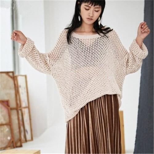 100% hand made pure cotton low Oneck thin knit women streetwear solid H-straight hollow out pullover sweater one&over size
