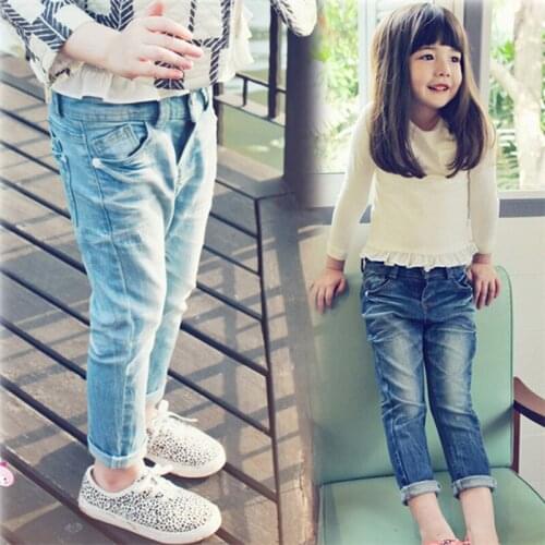 2019 Kids girls good quality pencil jeans spring children girls casual blue color pleated pockets jeans pants 3-8 years