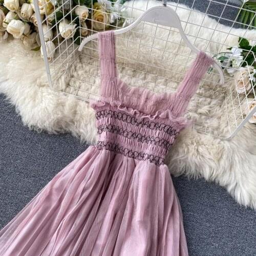 2020 Women Mesh Dress Spaghetti Strap Draped Mid-calf A-line Lace Dress Ladies Gauze Swing Dress Vestidos Femeninos