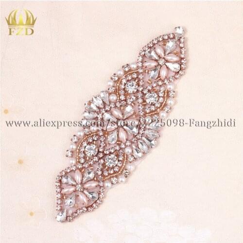 30pieces) Wholesale Handmade Hot Fix Sew On Beaded Pearls and Crystal Rose Gold Bridal Applique for Wedding Sash Headbands