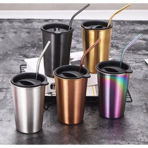 401-500ml Coffee Mug with Straw Portable 304 Stainless Steel Coffee Cups Travel Tea Cold Drink Cup Wine Mugs Bar Accessories
