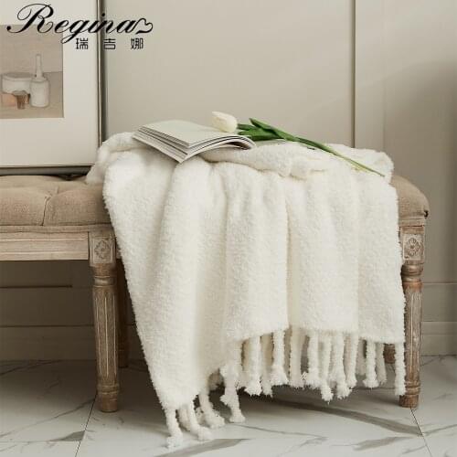 REGINA Fringes Pure White Gray Throw Blanket Fuzzy Cozy Microfiber Knitted Home Decorative Outdoor Office Bed Sofa TV Blanket