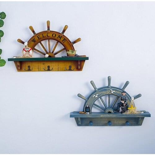 Wood Mediterranean style Key Holder Wall Faded Effect Design Hook Rudder-shaped Wall Hook Clothes and Hat Hang Hooks