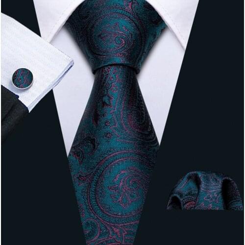 Navy Teal Men Tie Paisley Necktie Gravat Handkerchief Set Silk Ties For Men Party Business Gift Barry.Wang Designer FA-5227
