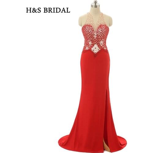 H&S Bridal Women Fashion Red Mermaid Evening Dresses Sleeveless Side Slit Backless Party Prom Gowns 2017