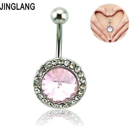 JINGLANG Brand New Fashion Belly Button Rings Stainless Steel Barbells White Rhinestone Round Navel Piercing Jewelry