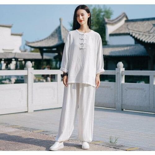 Chinese style Linen Blouse Pants Sets Women Loose Vintage Elastic Waist Pants Shirt Sets Women Tops Pants Sets Tai Chi Clothes