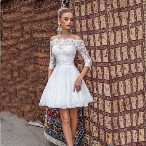 Verngo Modest Short Wedding Dress With 2/3 Sleeves A Line Lace Wedding Gowns Off the Shoulder 2020 Bride Outdoor Bridal Dress
